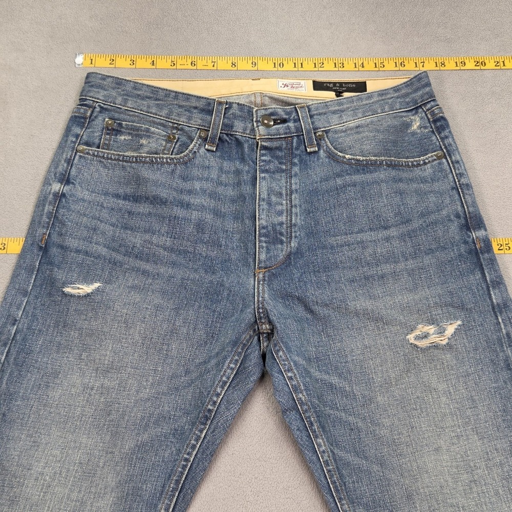 Rag & Bone Greenwich Jeans Mens Blue Straight Distressed Button Fly Fits 34x34 - Picture 7 of 12
